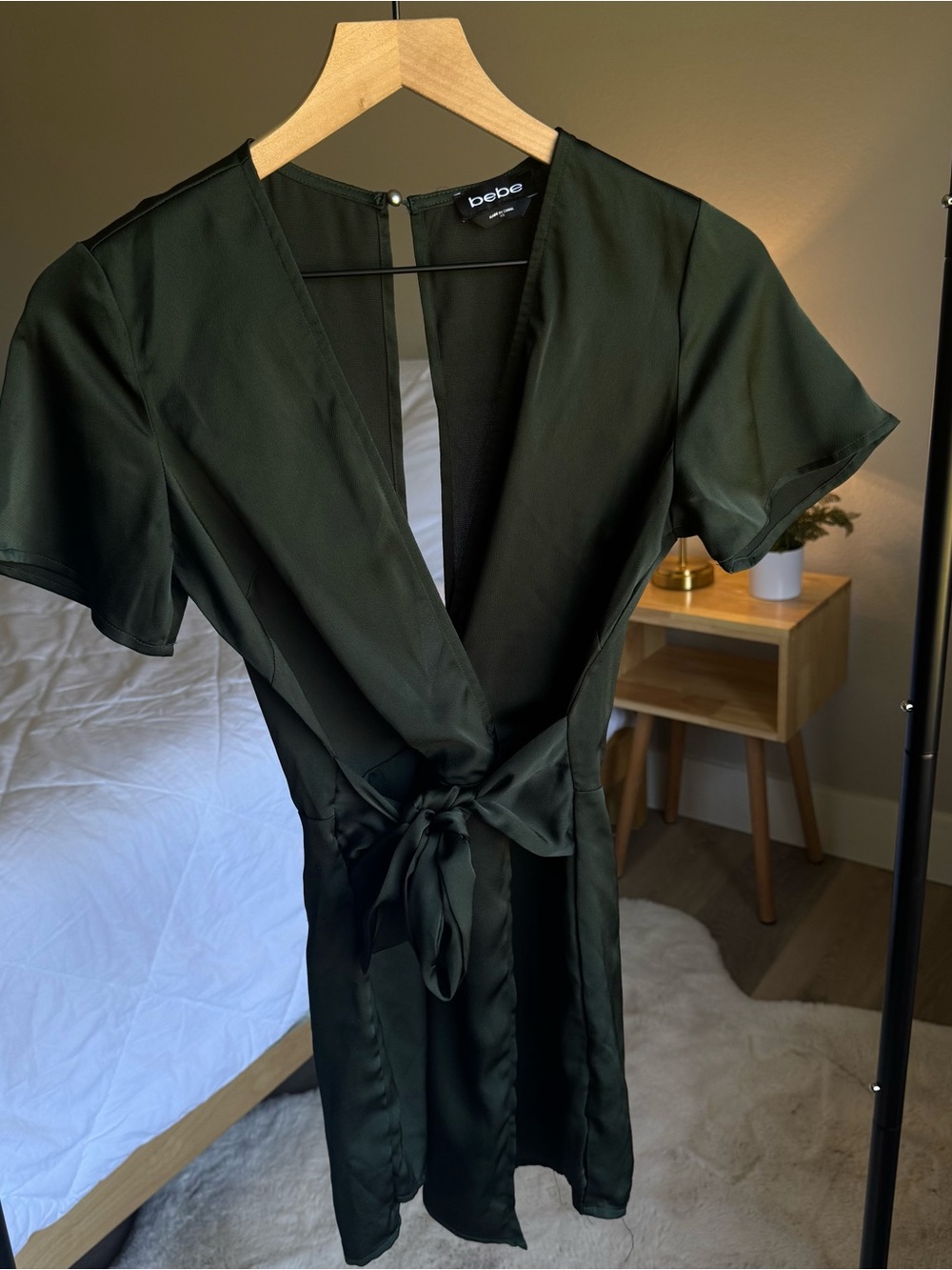 bebe Dark Green Satin Wrap Dress with Tie Waist